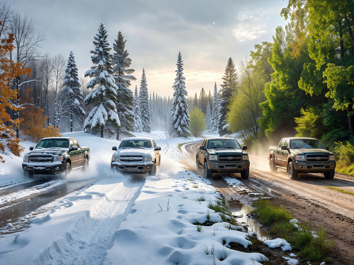 A vehicle navigating through seasonal Canadian weather conditions