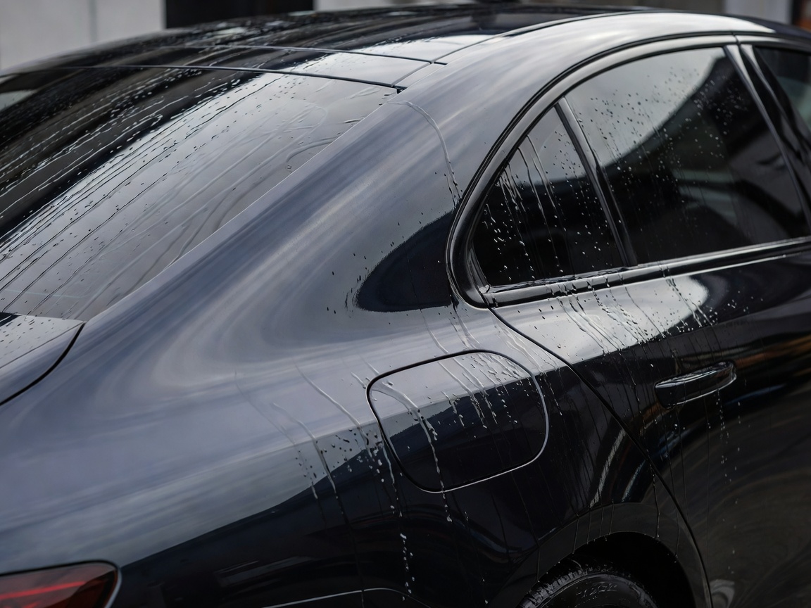 Water sheeting smoothly off a clean vehicle exterior