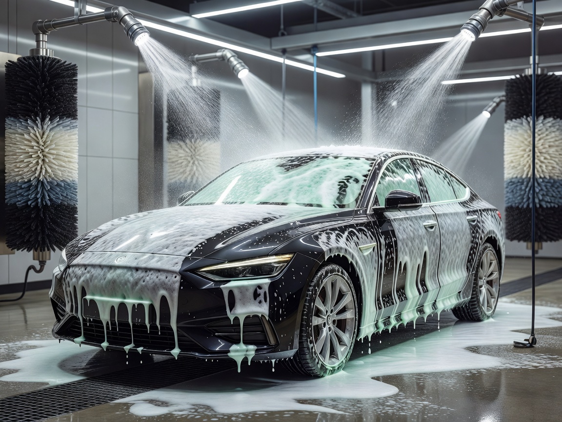 A professional vehicle wash process demonstrating thick foam on a dark car