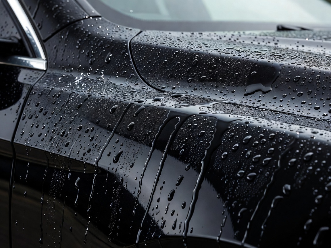 Water beading up and rolling off a treated automotive paint surface