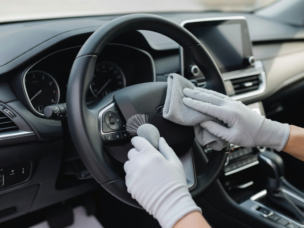 A detailed view of a clean vehicle steering wheel and dashboard touch points