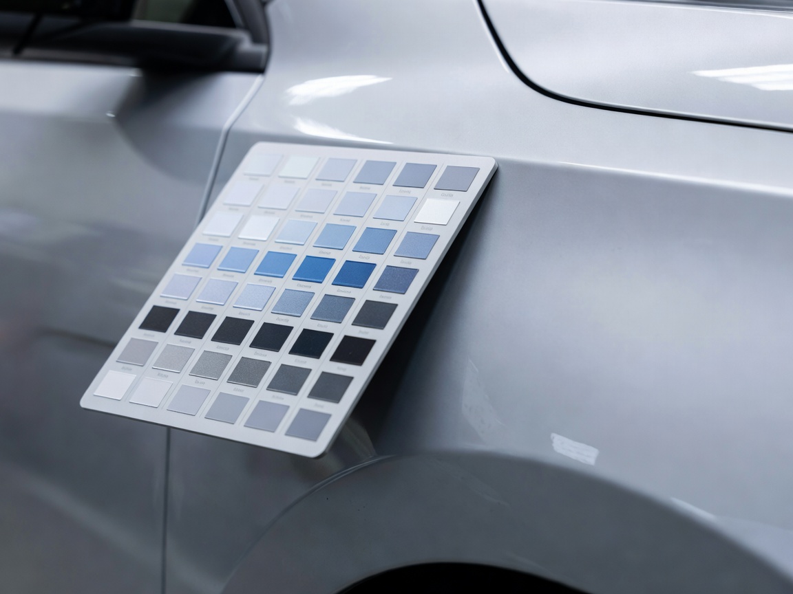 A close up view of a technical paint inspection card next to vehicle bodywork