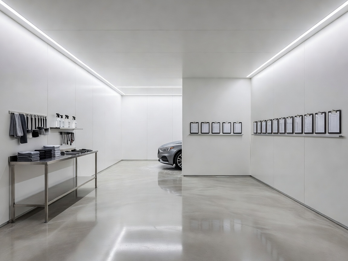 A clean, modern detailing wash bay with smooth surfaces and organised maintenance records